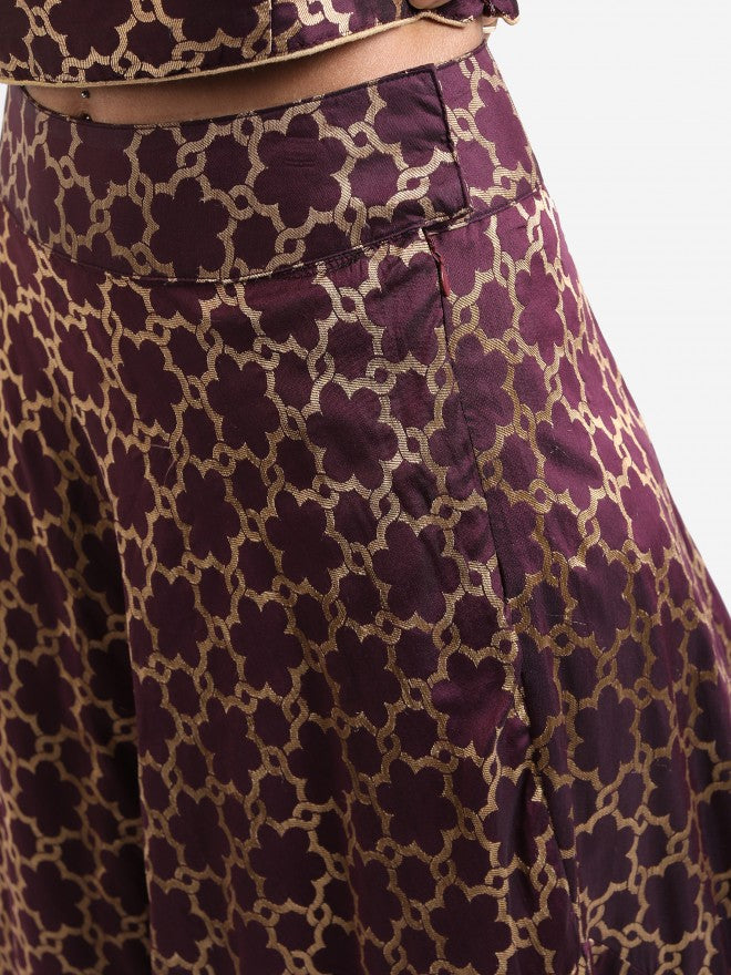 Vishudh Women Mauve Printed Crop Top With Skirt And Jacket - Mauve - Image 6