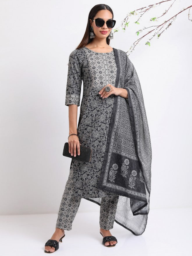 Vishudh Women Black Printed Kurta with Trouser And Dupatta - Black - Image 1