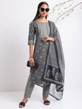 Vishudh Women Black Printed Kurta with Trouser And Dupatta - Black - Image 1
