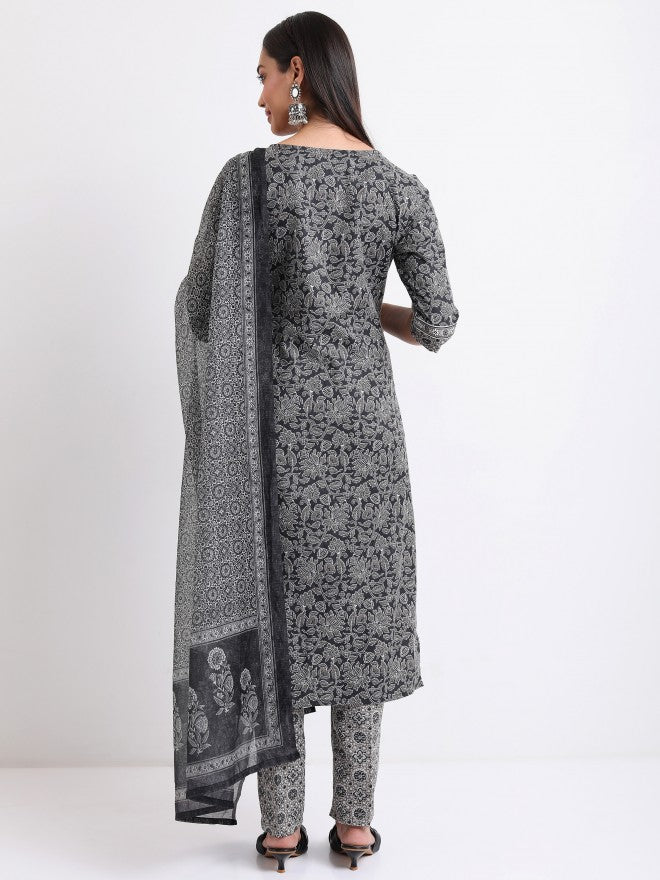 Vishudh Women Black Printed Kurta with Trouser And Dupatta - Black - Image 3