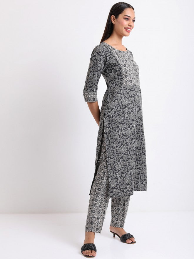 Vishudh Women Black Printed Kurta with Trouser And Dupatta - Black - Image 4
