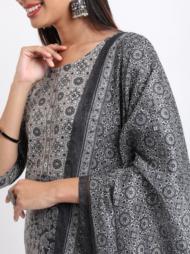 Vishudh Women Black Printed Kurta with Trouser And Dupatta - Black - Image 5