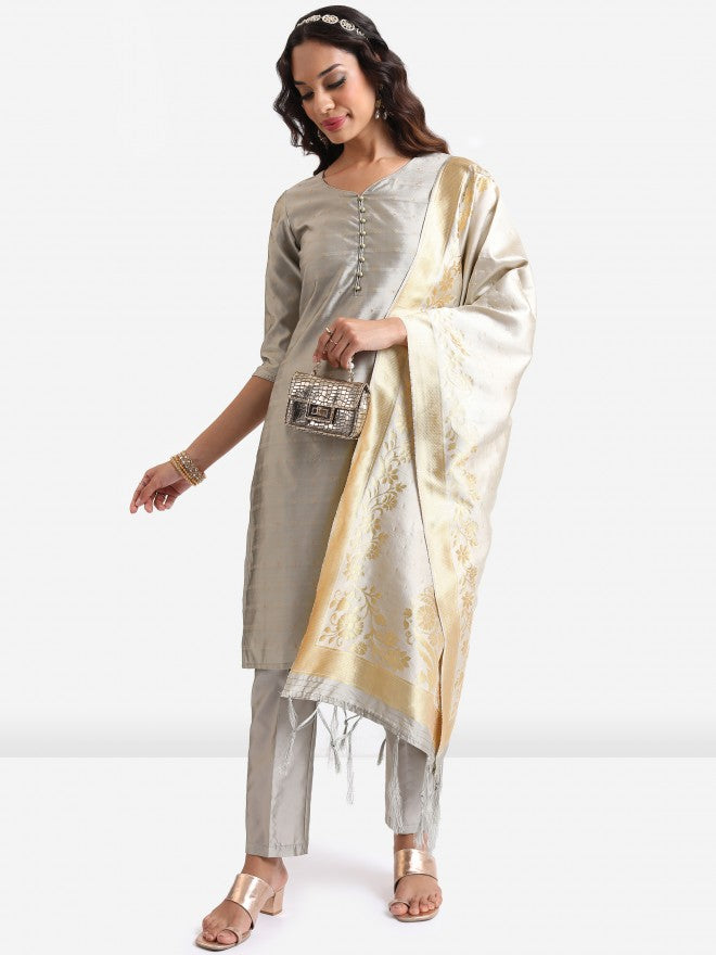 Vishudh Women Grey Embroidered Kurta With Trouser And Dupatta - Grey - Image 1
