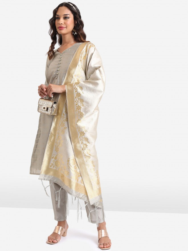 Vishudh Women Grey Embroidered Kurta With Trouser And Dupatta - Grey - Image 2