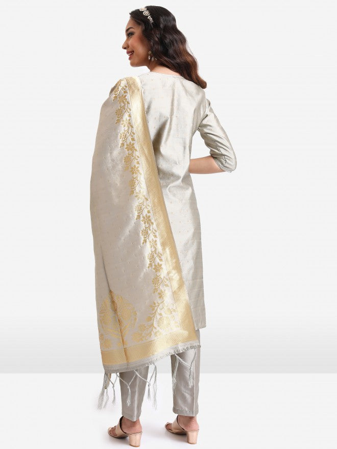 Vishudh Women Grey Embroidered Kurta With Trouser And Dupatta - Grey - Image 3