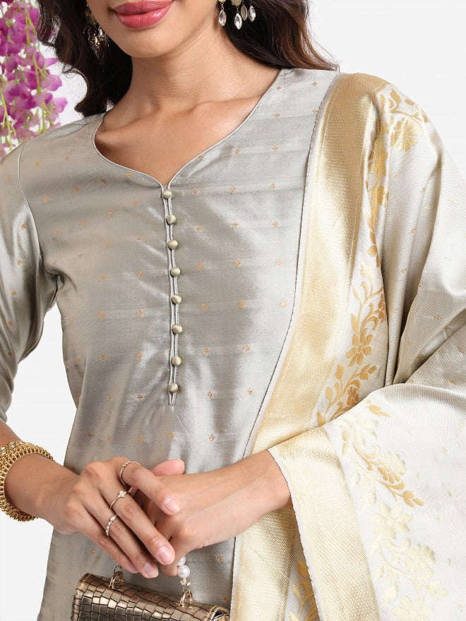 Vishudh Women Grey Embroidered Kurta With Trouser And Dupatta - Grey - Image 4