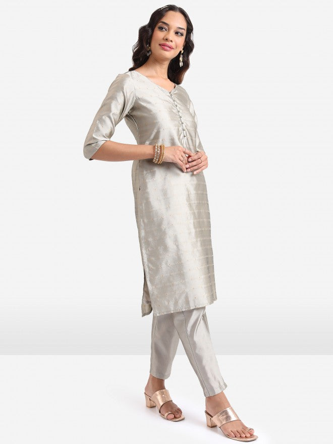 Vishudh Women Grey Embroidered Kurta With Trouser And Dupatta - Grey - Image 5