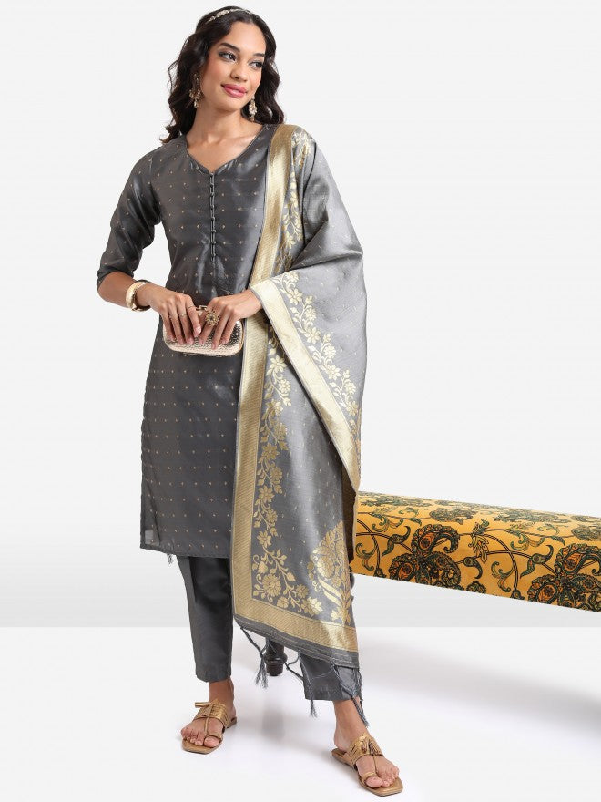 Vishudh Women Grey Embroidered Kurta With Trouser And Dupatta - Grey - Image 1