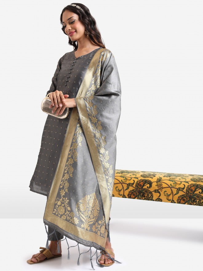 Vishudh Women Grey Embroidered Kurta With Trouser And Dupatta - Grey - Image 2
