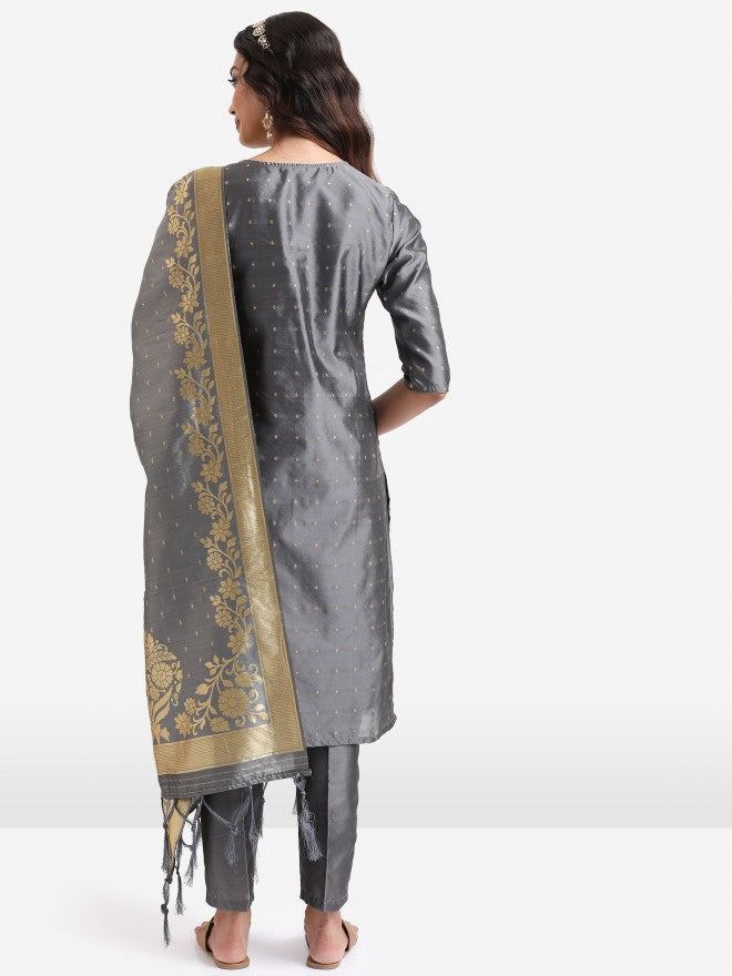 Vishudh Women Grey Embroidered Kurta With Trouser And Dupatta - Grey - Image 3