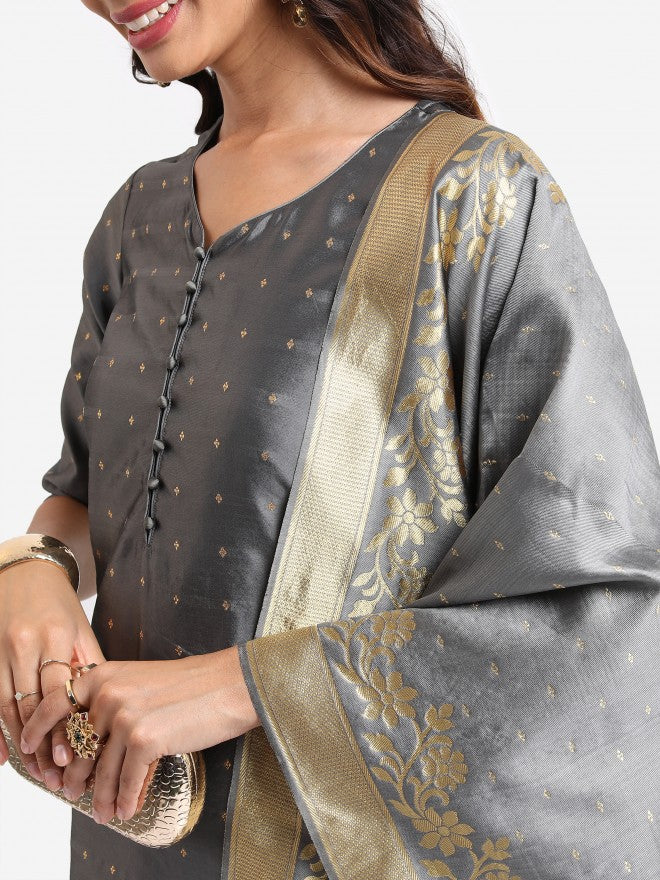 Vishudh Women Grey Embroidered Kurta With Trouser And Dupatta - Grey - Image 4