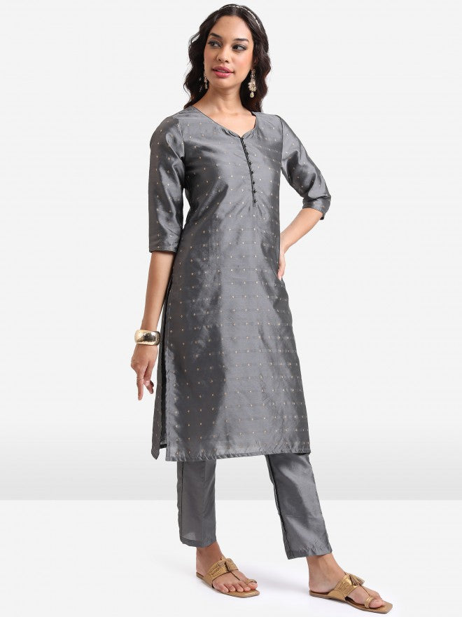 Vishudh Women Grey Embroidered Kurta With Trouser And Dupatta - Grey - Image 5