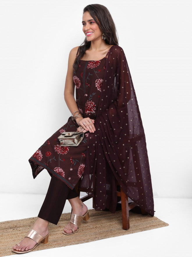 Vishudh Women Brown Printed Kurta With Trouser And Dupatta - Brown - Image 1