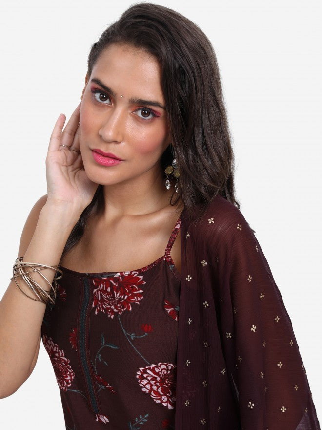 Vishudh Women Brown Printed Kurta With Trouser And Dupatta - Brown - Image 2