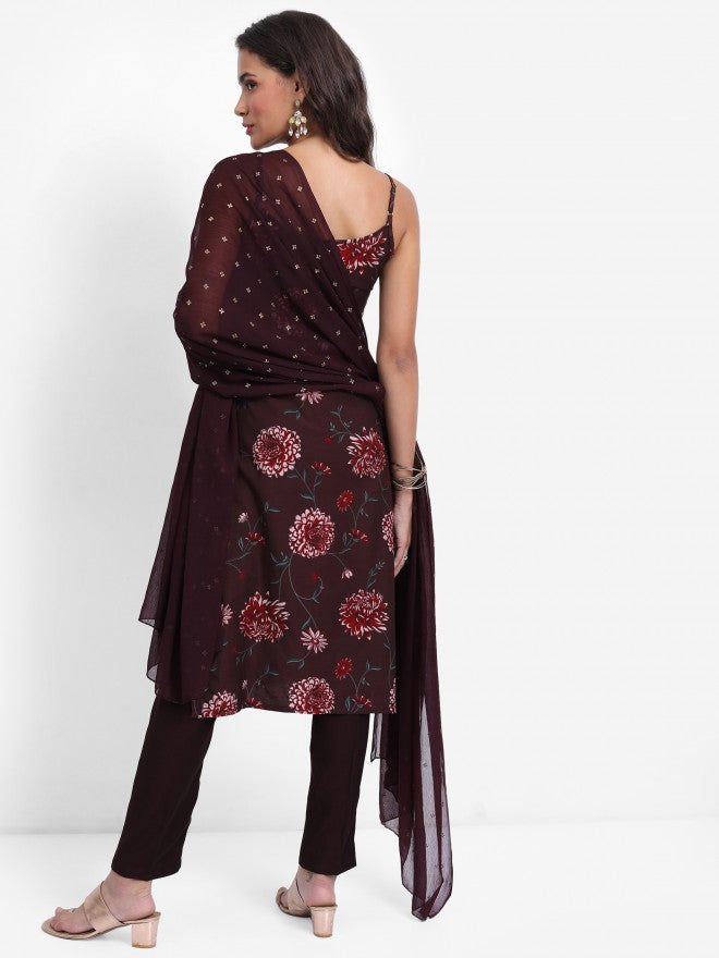 Vishudh Women Brown Printed Kurta With Trouser And Dupatta - Brown - Image 3