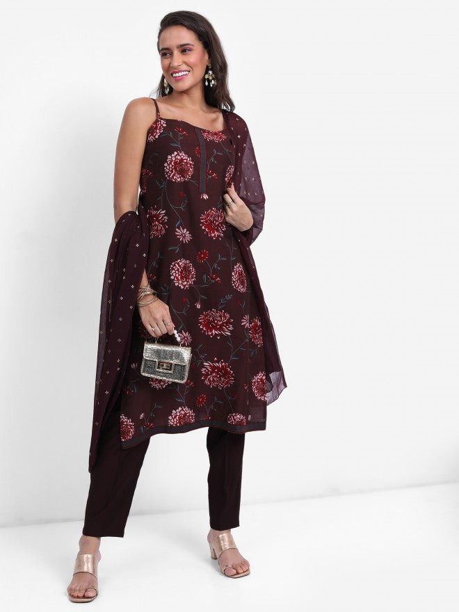 Vishudh Women Brown Printed Kurta With Trouser And Dupatta - Brown - Image 4