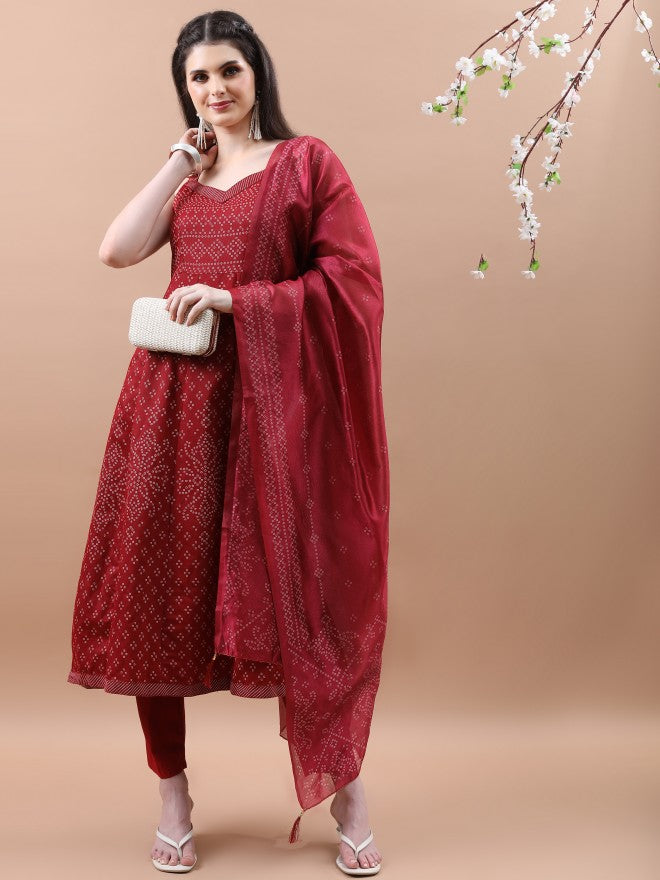 Vishudh Women Maroon Printed Kurta With Trouser And Dupatta - Maroon - Image 1
