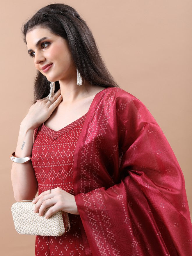 Vishudh Women Maroon Printed Kurta With Trouser And Dupatta - Maroon - Image 2
