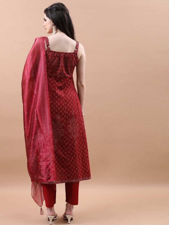 Vishudh Women Maroon Printed Kurta With Trouser And Dupatta - Maroon - Image 3