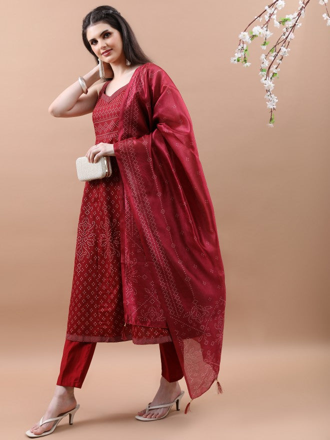 Vishudh Women Maroon Printed Kurta With Trouser And Dupatta - Maroon - Image 4