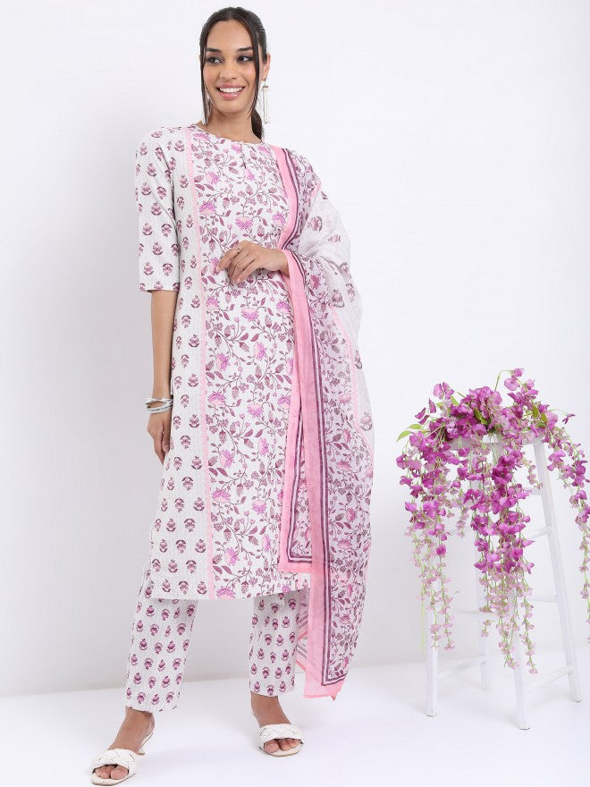 Vishudh Women White Printed Kurta With Trouser And Dupatta - White - Image 1
