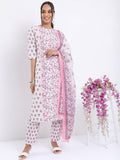 Vishudh Women White Printed Kurta With Trouser And Dupatta - White - Image 1