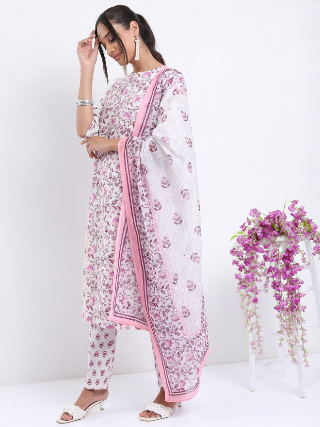 Vishudh Women White Printed Kurta With Trouser And Dupatta - White - Image 2