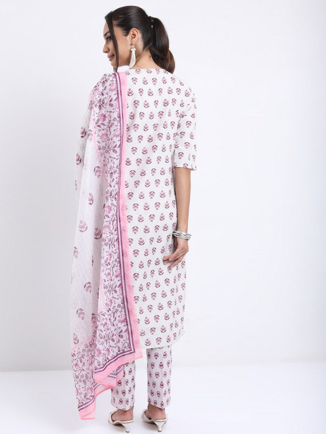 Vishudh Women White Printed Kurta With Trouser And Dupatta - White - Image 3