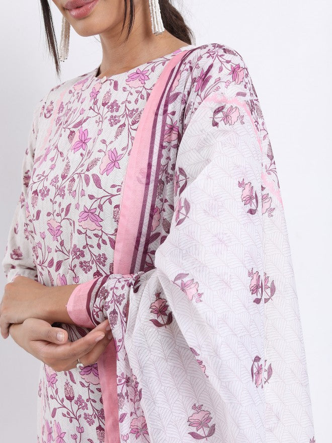 Vishudh Women White Printed Kurta With Trouser And Dupatta - White - Image 4