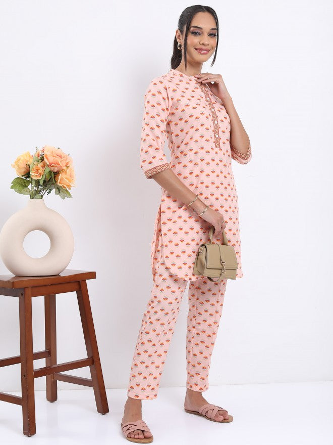 Vishudh Women Peach Printed Top With Trouser - Peach - Image 1