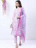 Vishudh Women Lavender Printed Brocade Kurta With Trouser And Dupatta - Lavender - Image 1