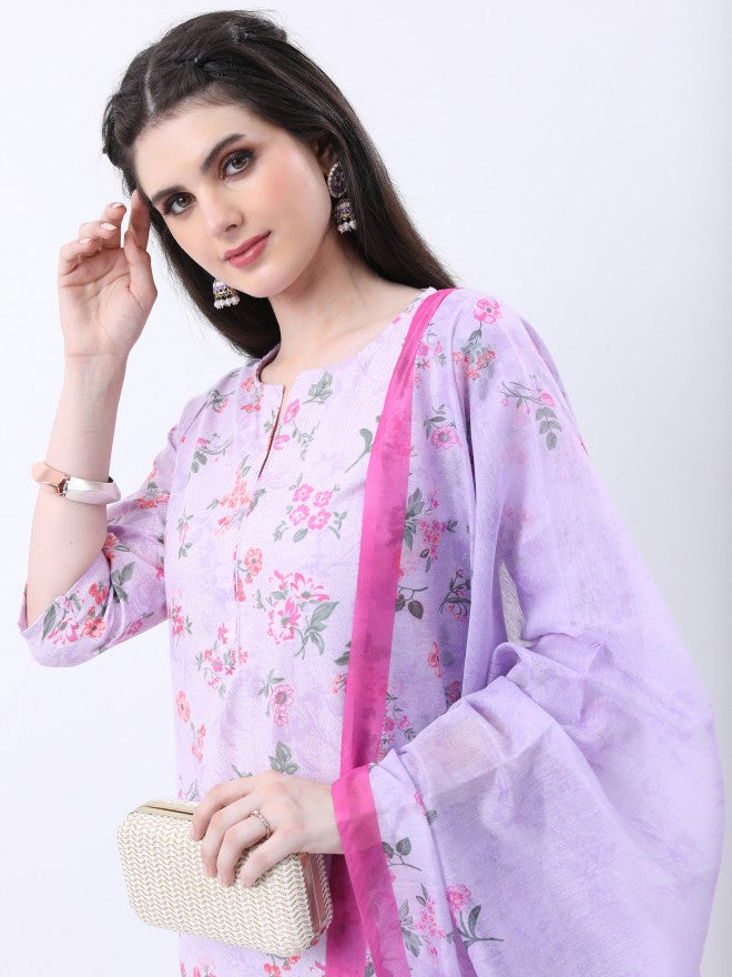 Vishudh Women Lavender Printed Brocade Kurta With Trouser And Dupatta - Lavender - Image 2
