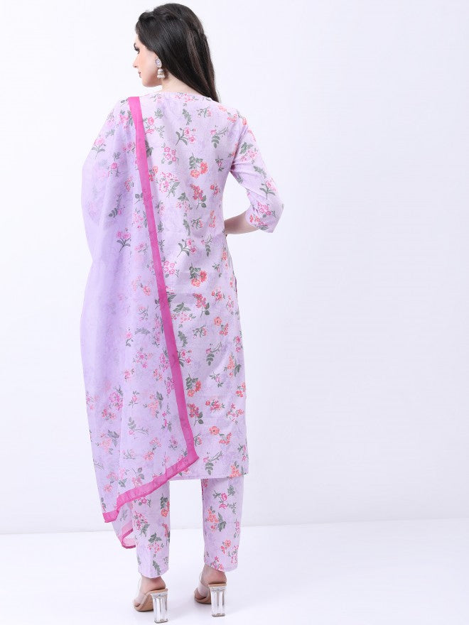 Vishudh Women Lavender Printed Brocade Kurta With Trouser And Dupatta - Lavender - Image 3