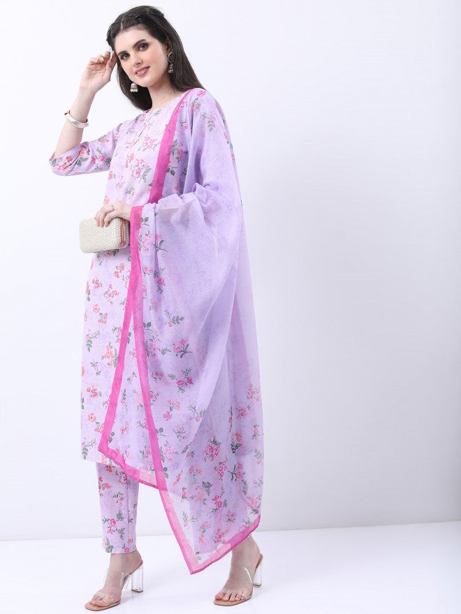 Vishudh Women Lavender Printed Brocade Kurta With Trouser And Dupatta - Lavender - Image 4