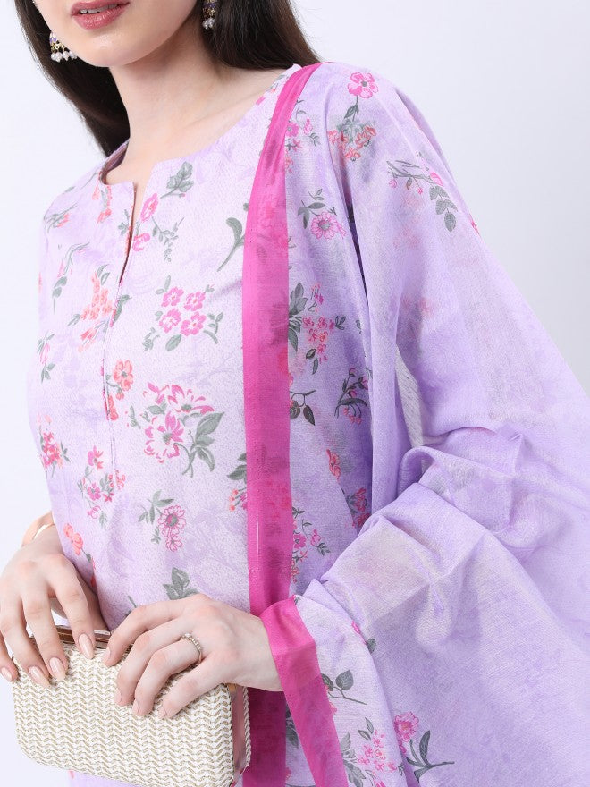 Vishudh Women Lavender Printed Brocade Kurta With Trouser And Dupatta - Lavender - Image 5