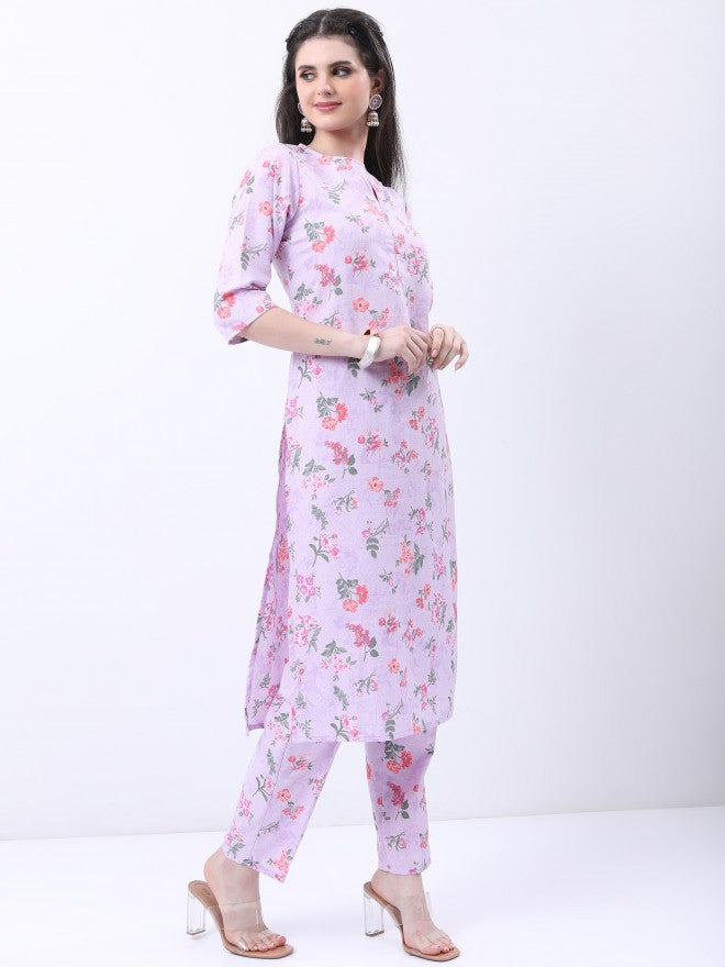 Vishudh Women Lavender Printed Brocade Kurta With Trouser And Dupatta - Lavender - Image 6