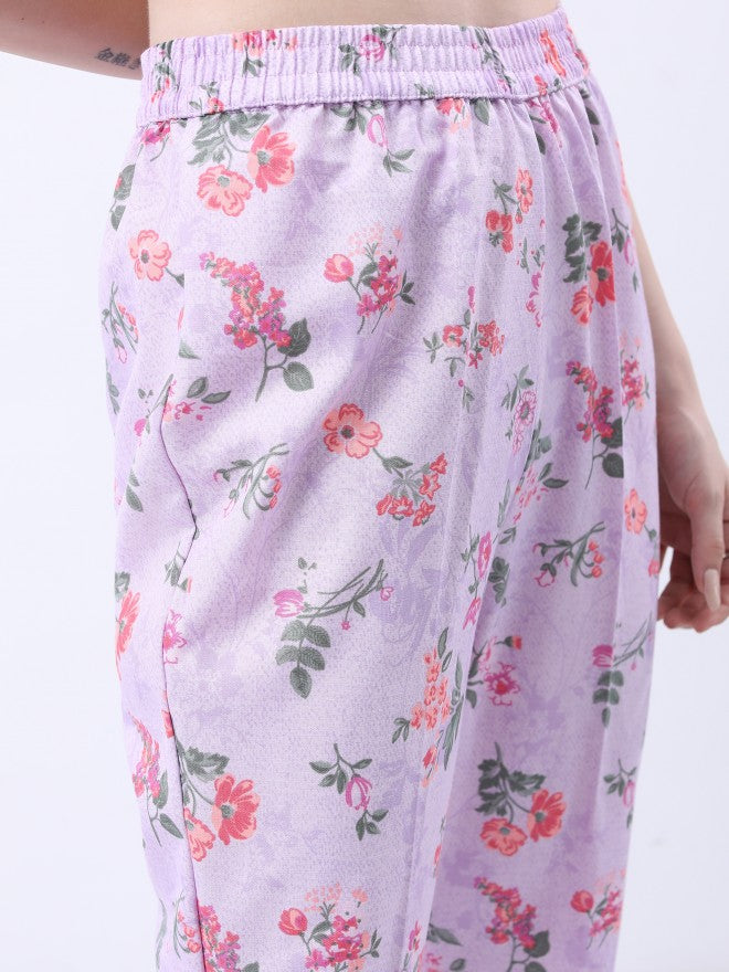Vishudh Women Lavender Printed Brocade Kurta With Trouser And Dupatta - Lavender - Image 7