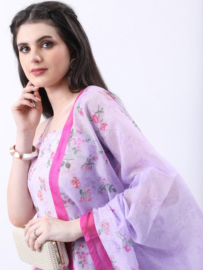 Vishudh Women Lavender Printed Kurta With Sharara And Dupatta - Lavender - Image 2