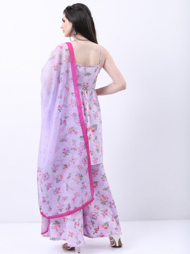Vishudh Women Lavender Printed Kurta With Sharara And Dupatta - Lavender - Image 3