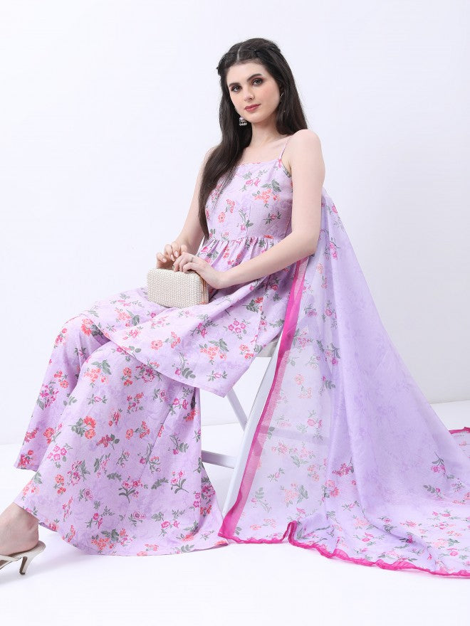 Vishudh Women Lavender Printed Kurta With Sharara And Dupatta - Lavender - Image 4