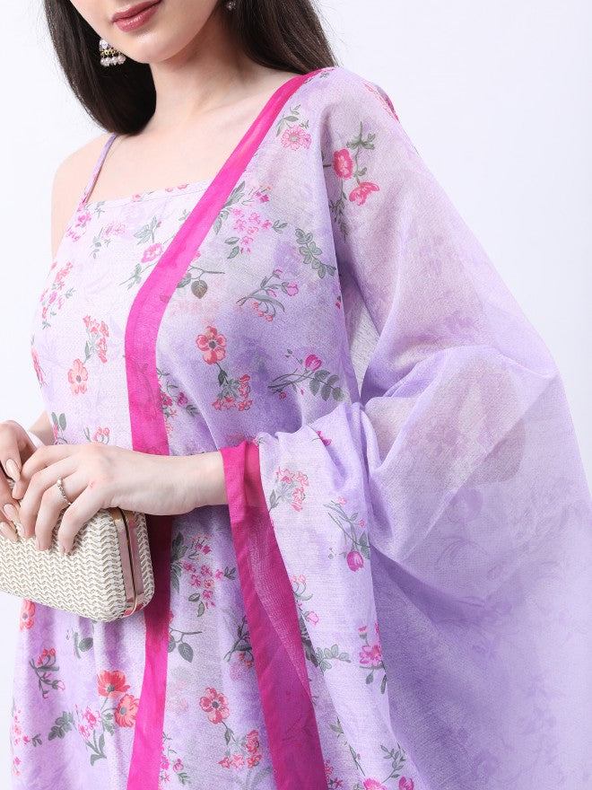 Vishudh Women Lavender Printed Kurta With Sharara And Dupatta - Lavender - Image 5
