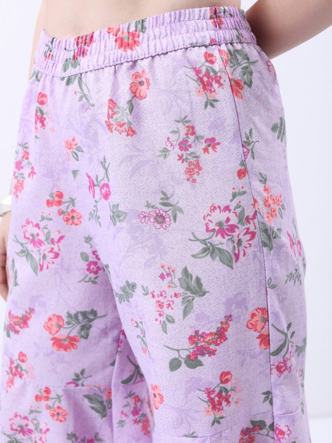 Vishudh Women Lavender Printed Kurta With Sharara And Dupatta - Lavender - Image 6
