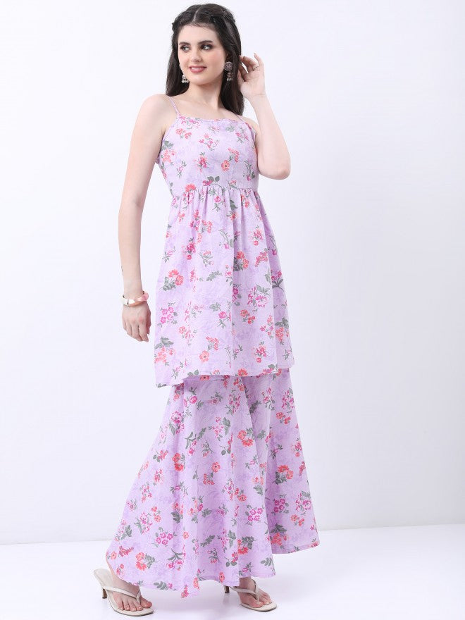 Vishudh Women Lavender Printed Kurta With Sharara And Dupatta - Lavender - Image 7