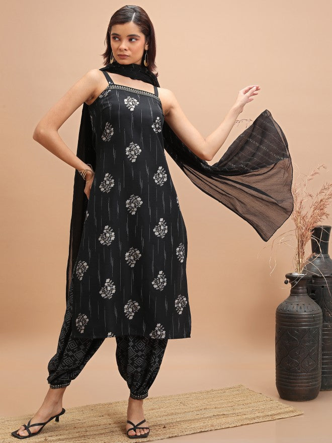 Vishudh Women Black Printed Kurta With Trouser And Dupatta - Black - Image 1