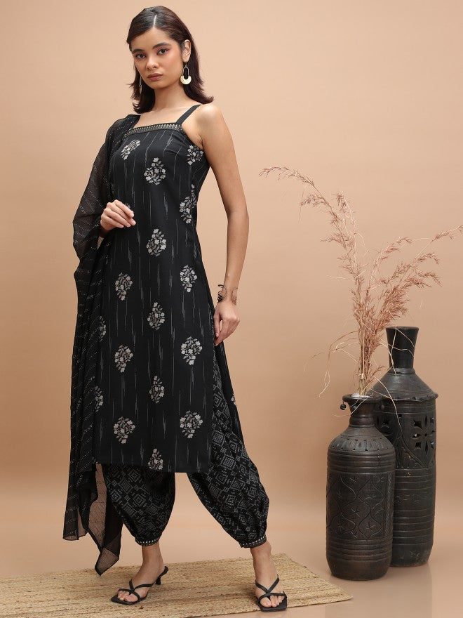 Vishudh Women Black Printed Kurta With Trouser And Dupatta - Black - Image 2