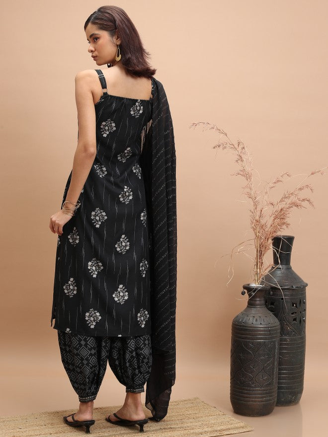 Vishudh Women Black Printed Kurta With Trouser And Dupatta - Black - Image 3