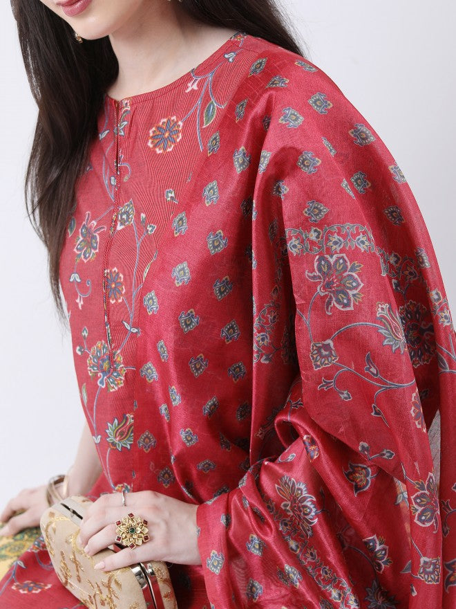 Vishudh Women Red Printed Kurta With Palazzo And Dupatta - Red - Image 5