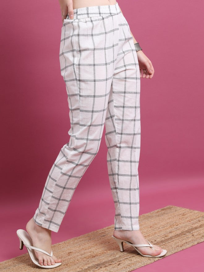 Vishudh Women Off White Checked Regular Fit Casual Trouser - Off White - Image 1
