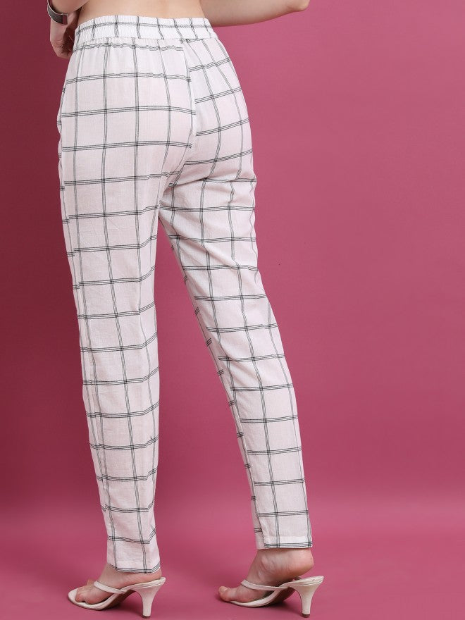 Vishudh Women Off White Checked Regular Fit Casual Trouser - Off White - Image 3