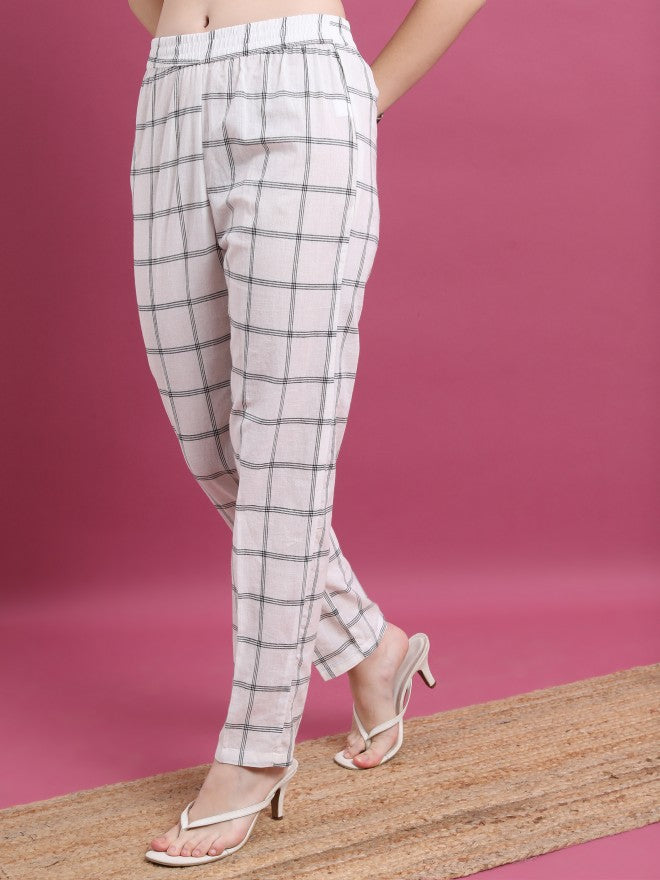 Vishudh Women Off White Checked Regular Fit Casual Trouser - Off White - Image 4